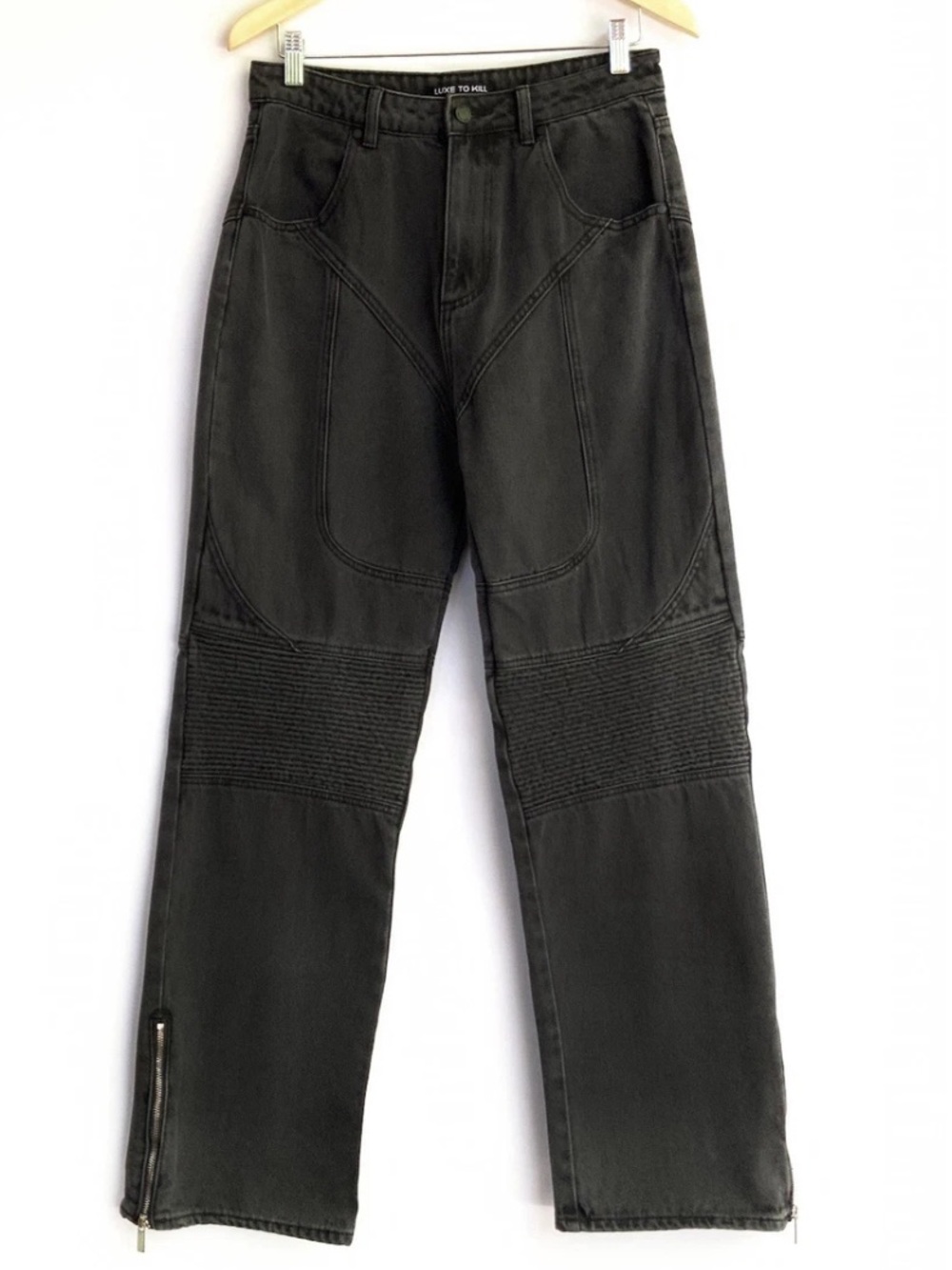 Luxe To Kill Y2K Moto Biker Jeans Black Wash Zip Hem Size 6